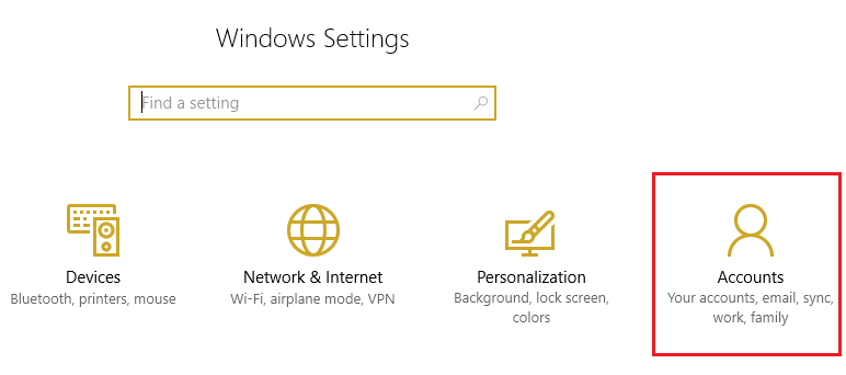 Em Configurações do Windows, selecione Conta