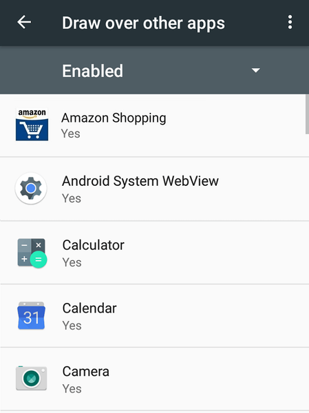 Vypnite prekrytie obrazovky pre jednu alebo viac aplikácií pre Stock Android Marshmallow