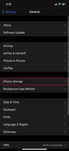 iPhone Storage seçin