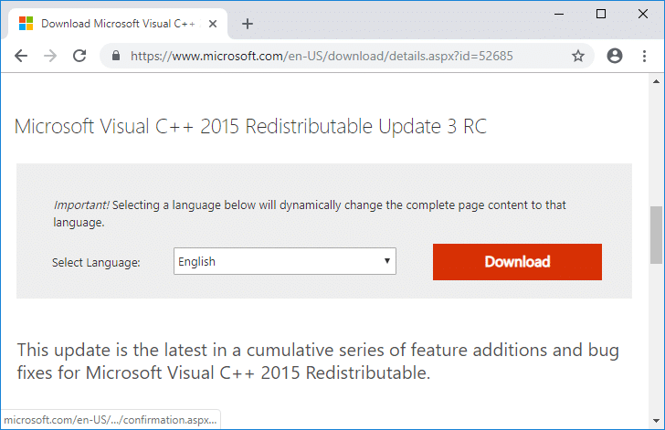 Microsoft 웹 사이트의 Microsoft Visual C++ 2015 재배포 가능 업데이트 3 RC