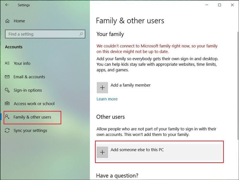 Fare clic sulla scheda Famiglia e altre persone e fare clic su Aggiungi qualcun altro a questo PC | Correggi Windows Store mancante in Windows 10
