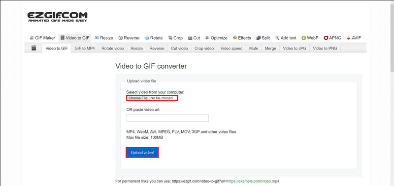 sélectionnez le bouton de choix de fichier dans le convertisseur en ligne de vidéo en GIF