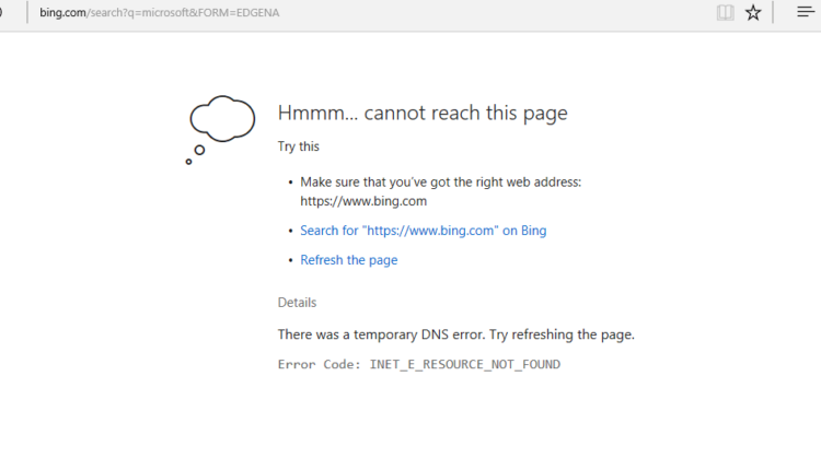 Microsoft Edge non pode acceder a esta páxina Erro 'inet_e_resource_not_found'.