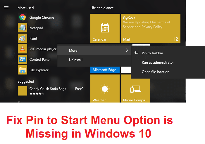 Correggi l'opzione Aggiungi al menu Start mancante in Windows 10