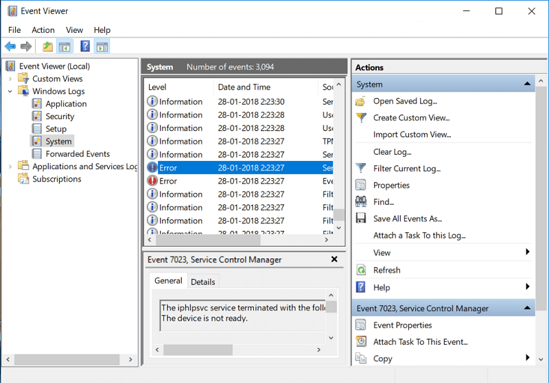 Apri Visualizzatore eventi, quindi vai ai registri di Windows, quindi al sistema e cerca MULTIPLE_IRP_COMPLETE_REQUESTS