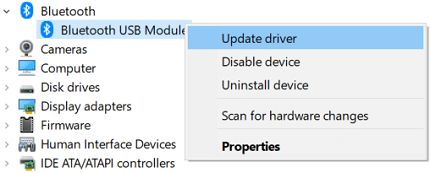 Clique com o botão direito do mouse no dispositivo Bluetooth e selecione Atualizar driver