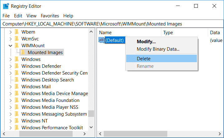 روی کلید رجیستری پیش فرض کلیک راست کرده و در زیر Mounted Image Registry Editor گزینه Delete را انتخاب کنید.