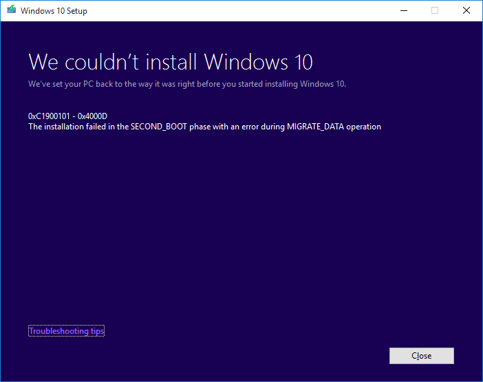 Windows10のインストールがエラーC1900101-4000Dで失敗する問題を修正