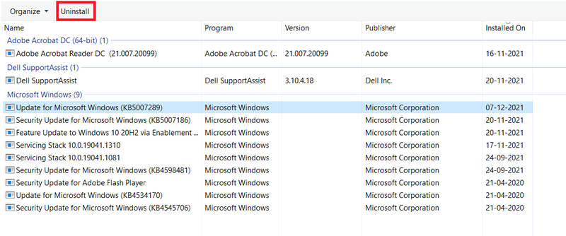 Microsoft Windows의 최신 업데이트를 선택하고 제거를 클릭하십시오.