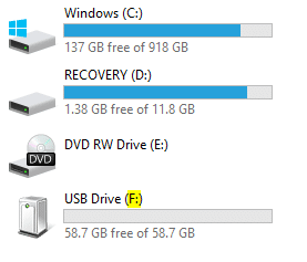 Slovo pogona za povezani USB disk je F, a oporavak diska je D