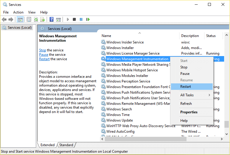 Riavvia il servizio Strumentazione gestione Windows | Correzione dell'utilizzo elevato della CPU da parte di WmiPrvSE.exe