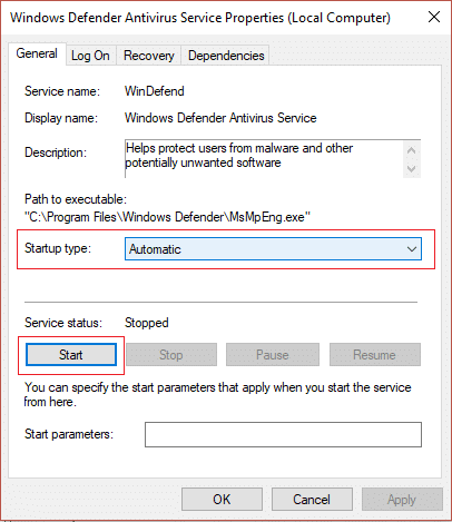 Maak seker dat begin tipe Windows Defender Service op Outomatiese gestel is en klik Start