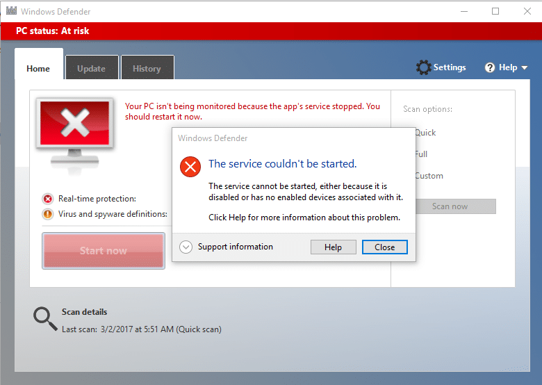 サービスを開始できなかった問題を修正するWindowsDefenderエラー0x80070422
