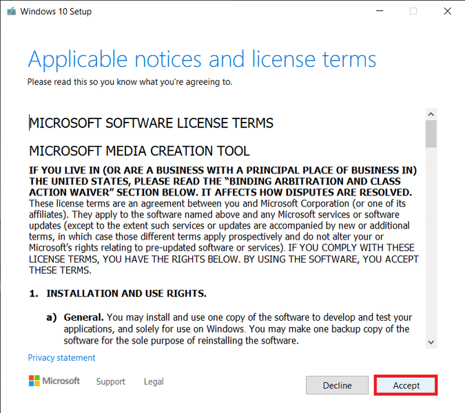 Clique em Aceitar para continuar | Criar mídia de instalação do Windows 10 com a ferramenta de criação de mídia