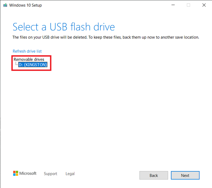 Selecione uma tela de unidade flash USB | Criar mídia de instalação do Windows 10 com a ferramenta de criação de mídia