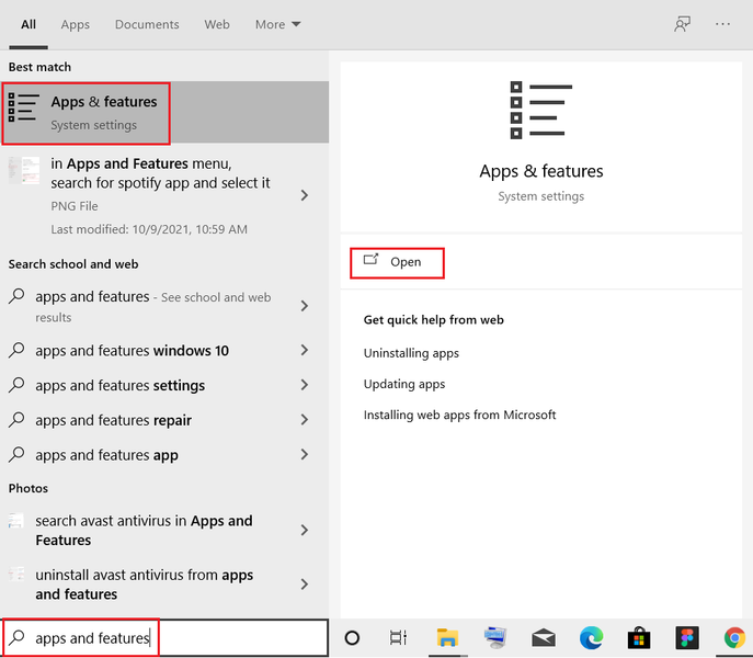 digite aplicativos e recursos e clique em Abrir na barra de pesquisa do Windows 10