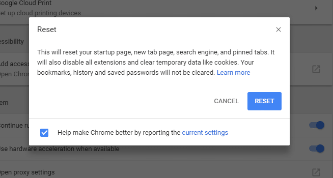 Redefinir o Chrome para corrigir Não é possível se conectar ao servidor proxy no Windows 10