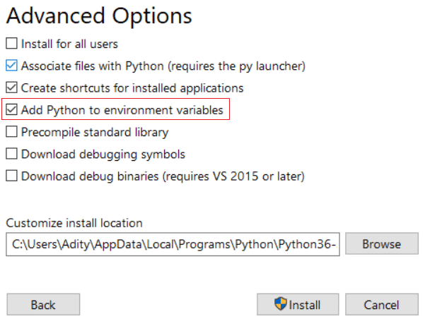 Marque Adicionar Python às variáveis ​​de ambiente e clique em Instalar