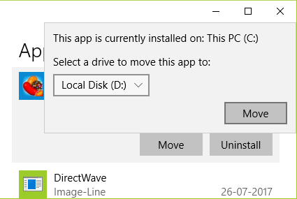 Sada iz iskačućeg prozora izaberite disk sa padajućeg menija gde želite da premestite ovu aplikaciju i kliknite na Premesti