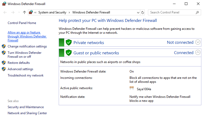 Cliquez sur 'Autoriser une application ou une fonctionnalité via le pare-feu Windows Defender