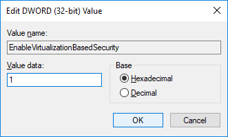 仮想化ベースのセキュリティを有効にするには、DWORDの値を1に変更します
