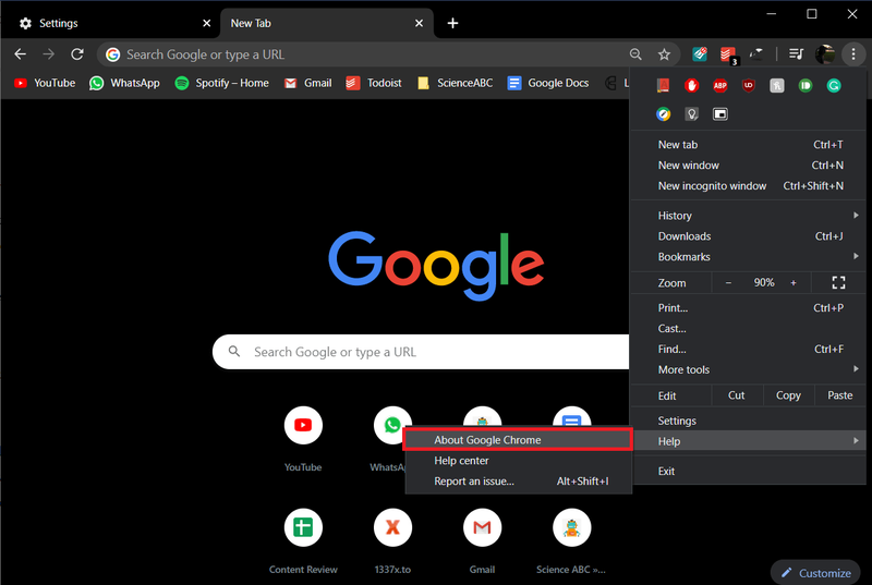 Klik op Meer oor Google Chrome | Stel Aw Snap-fout op Google Chrome reg