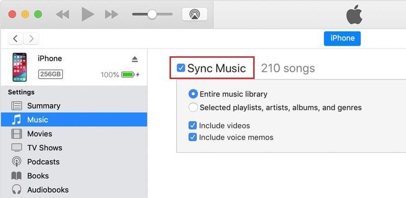 Provjerite je li označena opcija Sync Music