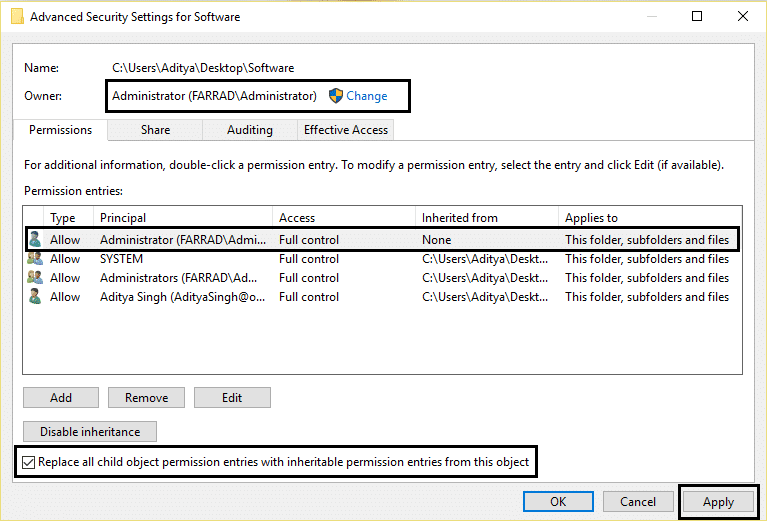zamijeni sve unose dozvola za podređeni objekt Puno vlasništvo Windows 10