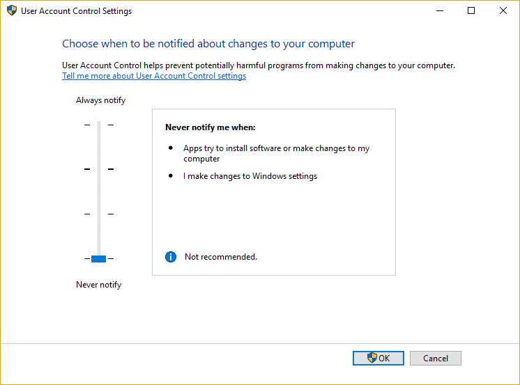 Disabilita il controllo dell'account utente (UAC) in Windows 10 | Correzione dell'errore di accesso negato alla cartella di destinazione