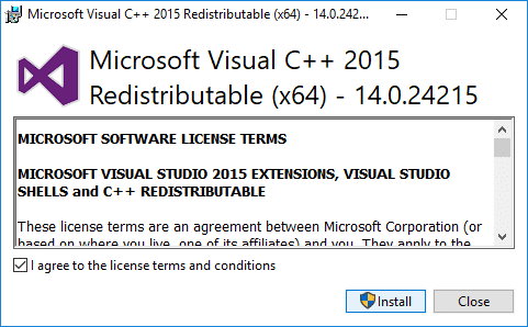 화면의 지시에 따라 Microsoft Visual C ++ 재배포 가능 패키지를 설치하십시오.
