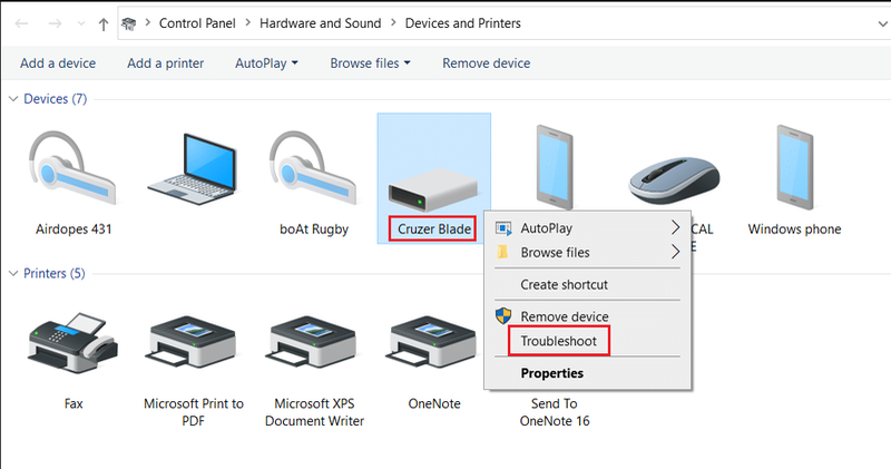 USBデバイスを右クリックし、デバイスとプリンターウィンドウでトラブルシューティングオプションを選択します。 Windows10で失敗した不明なUSBデバイス記述子要求の修正