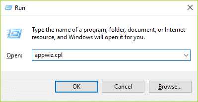 digite appwiz.cpl e pressione Enter para abrir Programas e Recursos | Corrigir o driver do tablet Wacom não encontrado no Windows 10