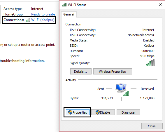 propriedades de conexão wi-fi | Corrigir o erro de atualização do Windows 10 0x80070422