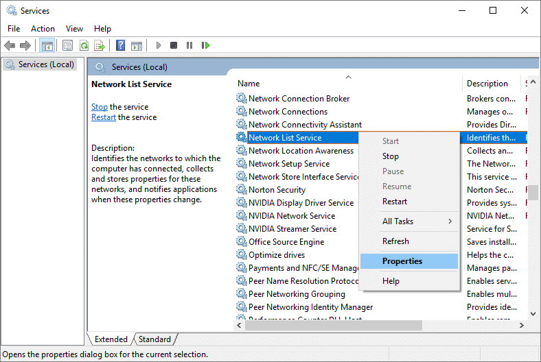 Cliccate cù u dirittu nantu à u serviziu di a lista di rete è selezziunate Pruprietà | Fix Windows 10 Update Error 0x80070422