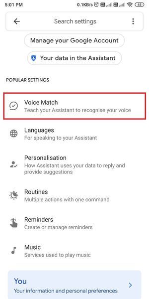 toque em Correspondência de voz. | Como desativar o Google Assistant na tela de bloqueio?