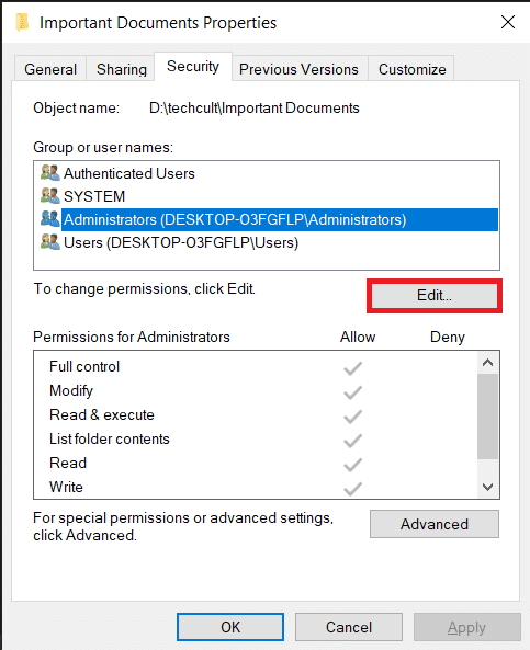 [編集...]ボタンをクリックして、ファイルのアクセス許可を変更します。
