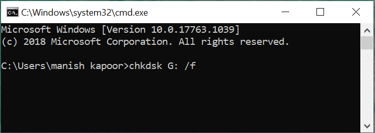 명령 프롬프트 창에 chkdsk G: /f(따옴표 제외) 명령을 입력하거나 복사하여 붙여넣고 Enter 키를 누릅니다.