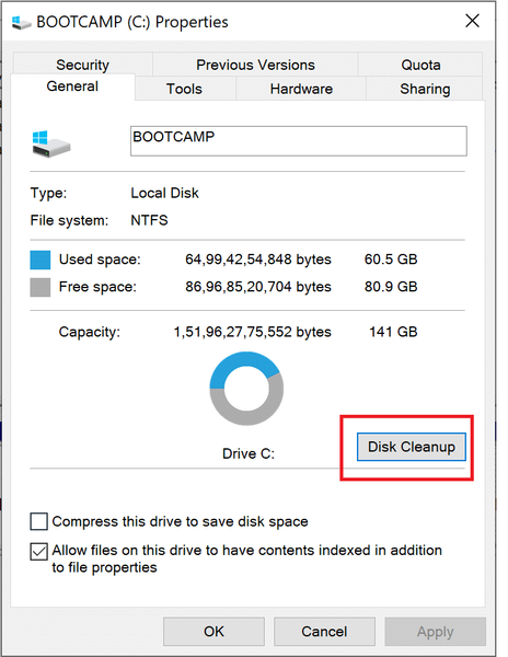 ចុចលើ Disk Clean-up នៅក្នុងបង្អួចដែលលេចឡើង | ជួសជុល Windows 10 វ៉ុន