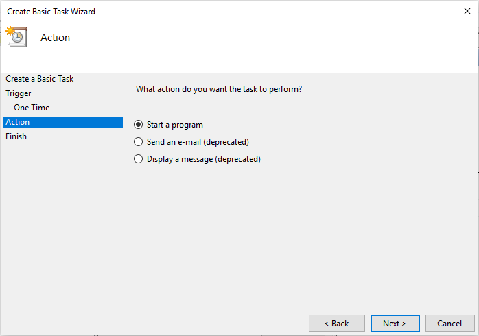 Изберете ја опцијата Start A Program и кликнете на Next | Поставете автоматско исклучување во Windows 10