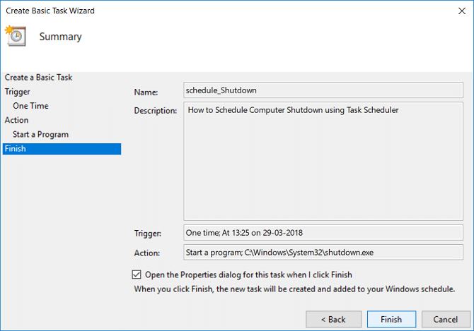 Ознака Отворете го дијалогот Својства за оваа задача кога ќе кликнам Заврши | Поставете автоматско исклучување во Windows 10
