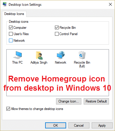 Elimina l'icona Homegroup da u desktop in Windows 10