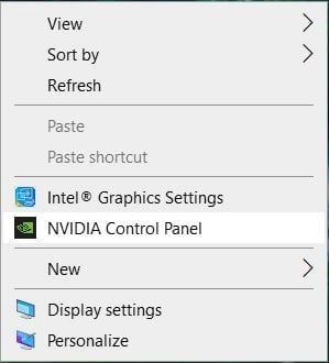 空の領域でデスクトップを右クリックし、NVIDIAコントロールパネルを選択します