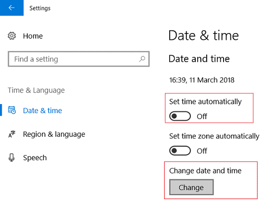 Исклучете го Поставете време автоматски, а потоа кликнете на Промени под Промени датум и време