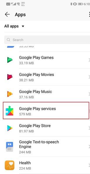 Selecione o Google Play Services na lista de aplicativos | Como atualizar manualmente o Google Play Services