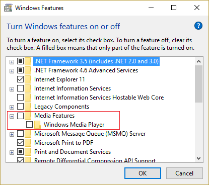 uncheck Windows Media Player nyob rau hauv Media Features