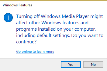 Klik Ja om Windows Media Player 12 te verwyder