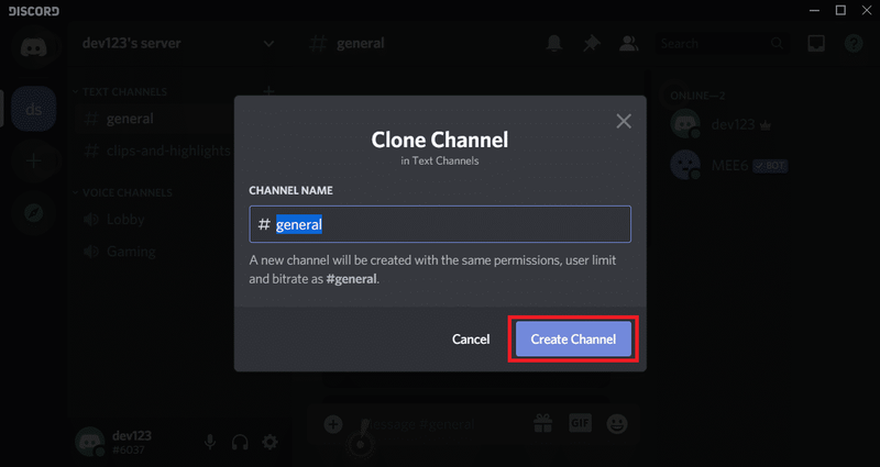 クローン化されたチャネルの名前を変更し、[チャネルの作成]、[チャネルの作成]の順にクリックします。 Discordのすべてのメッセージを削除する