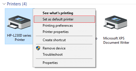 Fare clic con il pulsante destro del mouse sulla stampante e selezionare Imposta come stampante predefinita