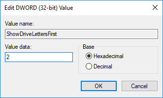 Impostare il valore di ShowDriveLettersFirst DWORD su 0 per nascondere le lettere di unità