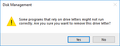 ドライブ文字を削除するには、[はい]をクリックします